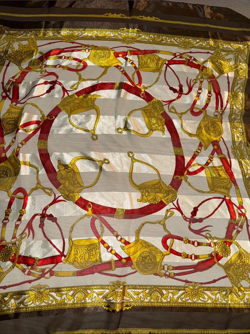 Elegant Brown, Gold & Red Silk Scarf